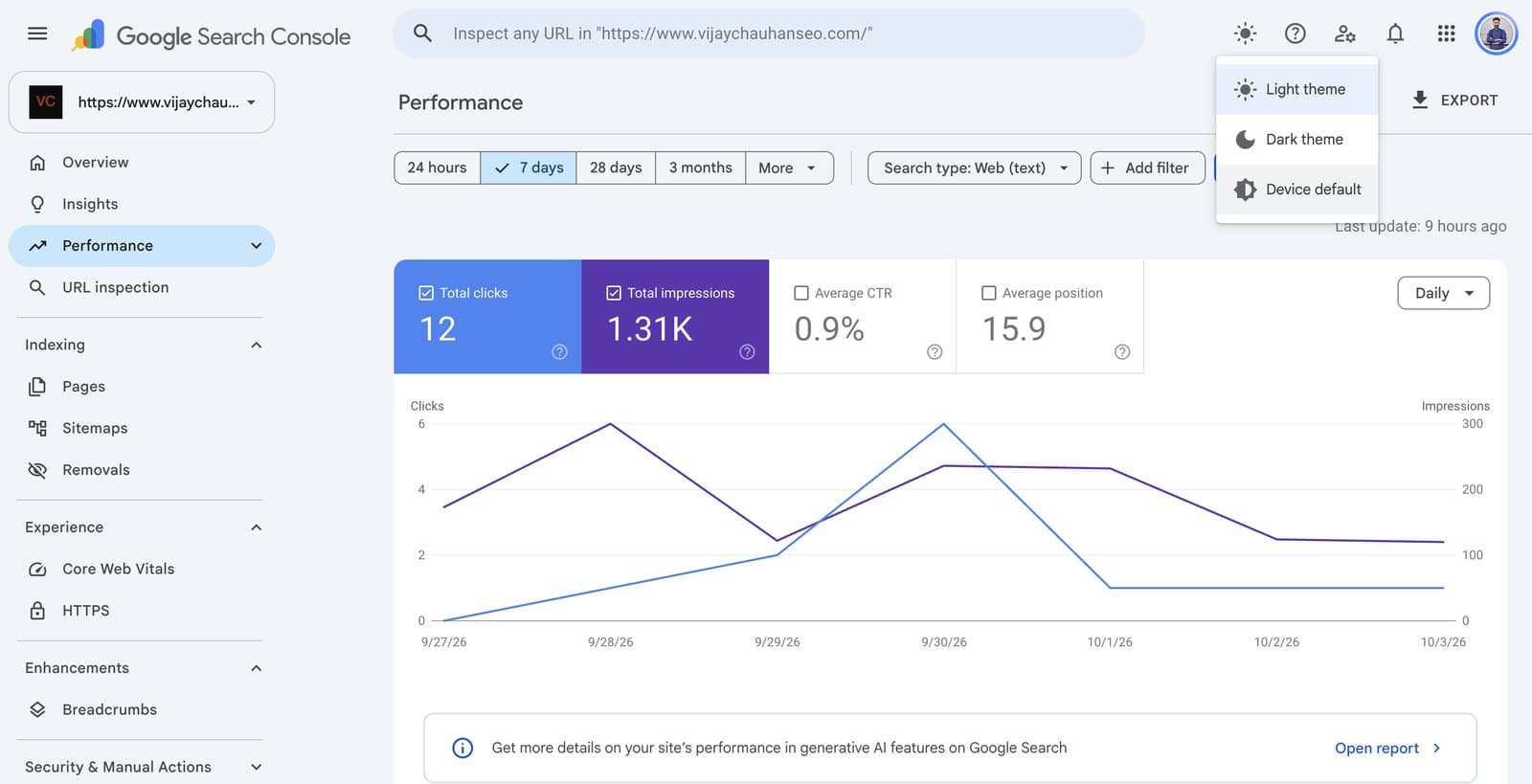 Appearance menu in the Search Console header offering Light theme, Dark theme and Device default